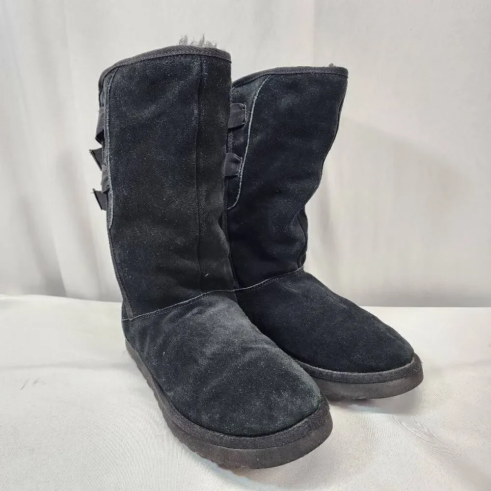 UGG Everleigh Black Suede Double Bow Mid Calf Womens 10 BOOTS Shearling Lining